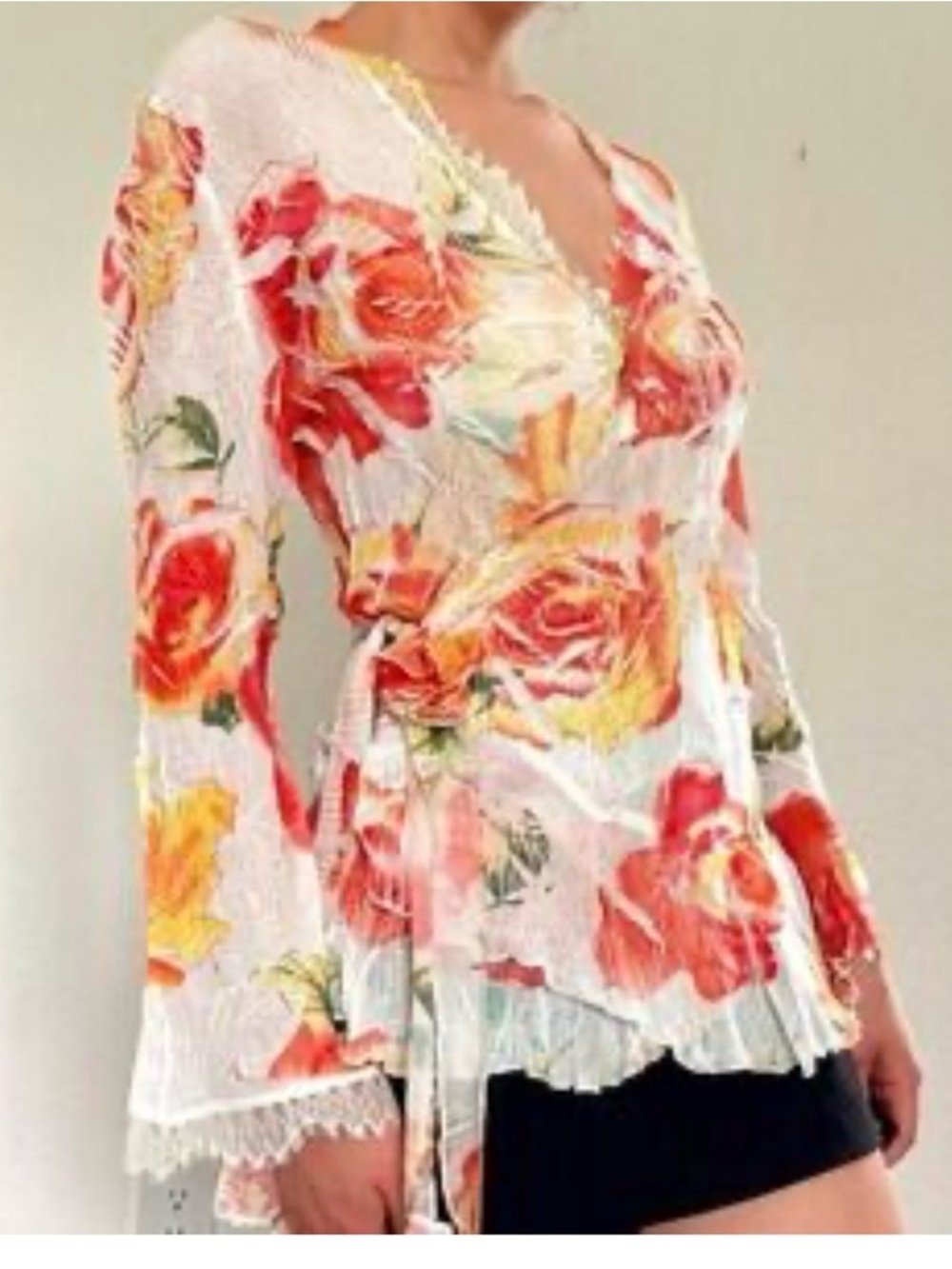 Vintage Y2K Cache Sheer Floral Wrap Top Bell Sleeve Boho Size M